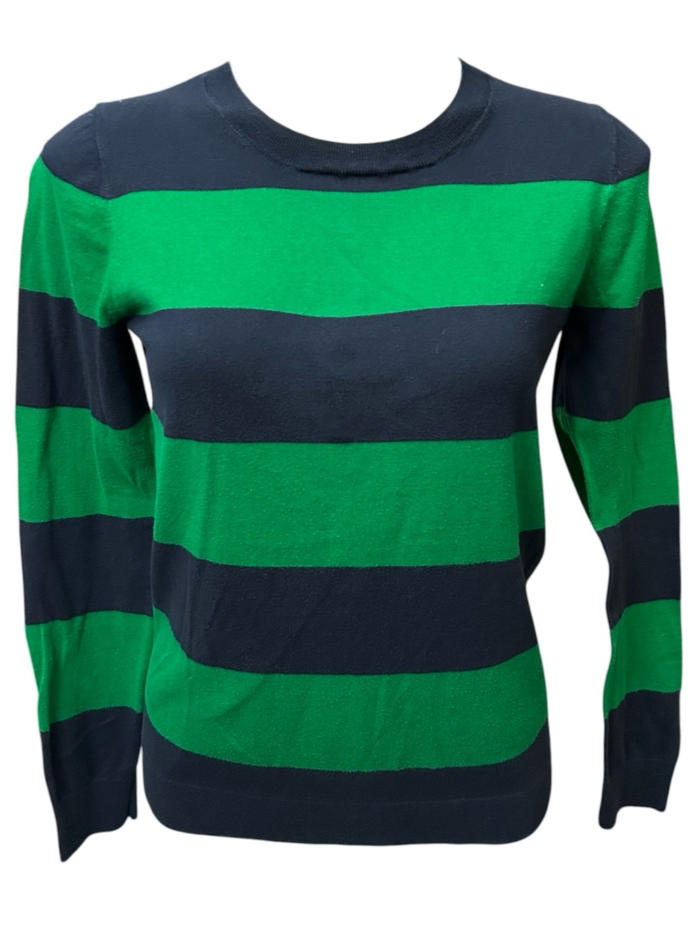 J. Crew Factory Navy Blue & Green Striped Teddie Sweater 100% Cotton - Small